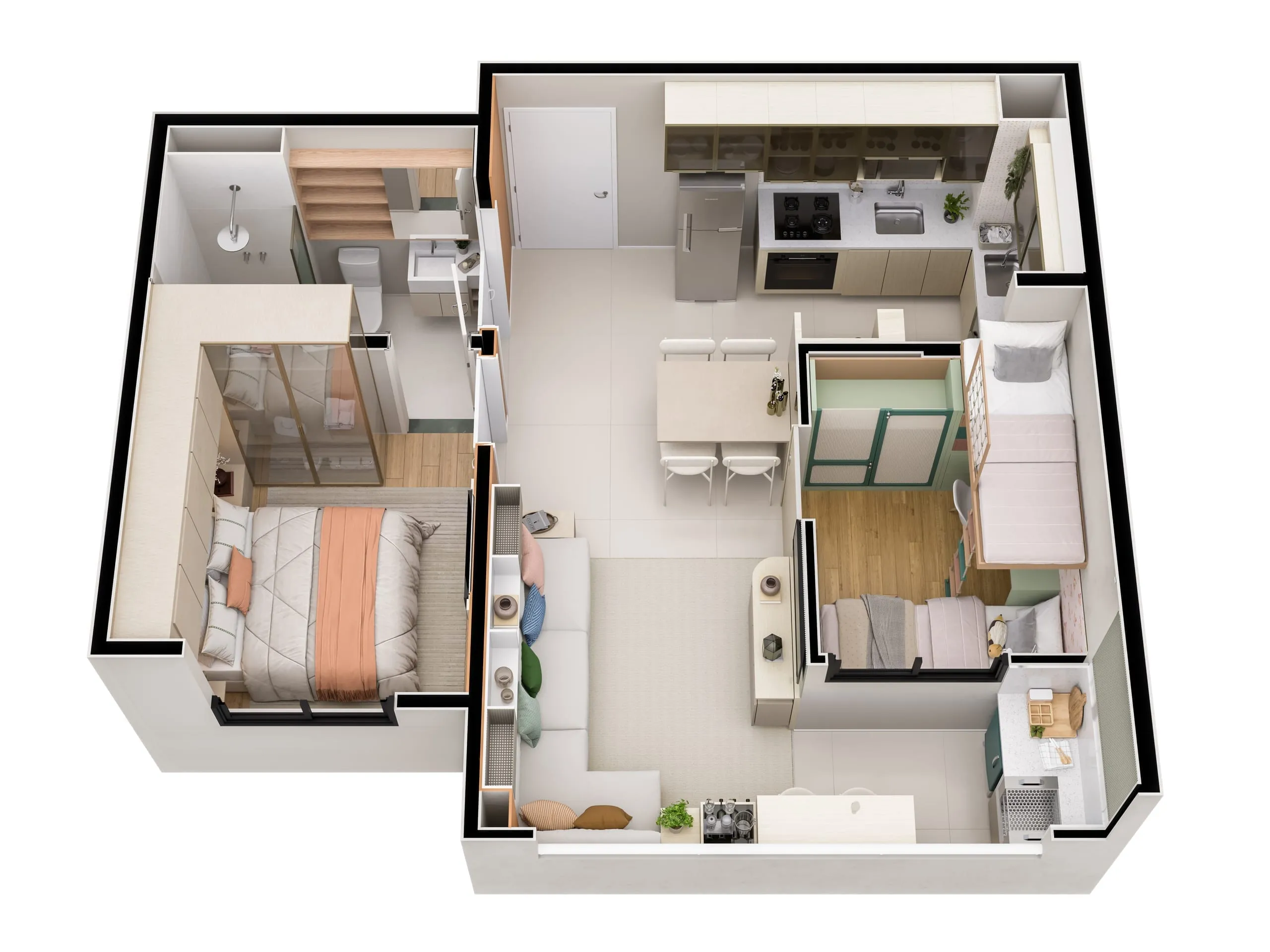 Planta isométrica do apartamento de 2 dormitórios, final 11, com sugestão de living ampliado